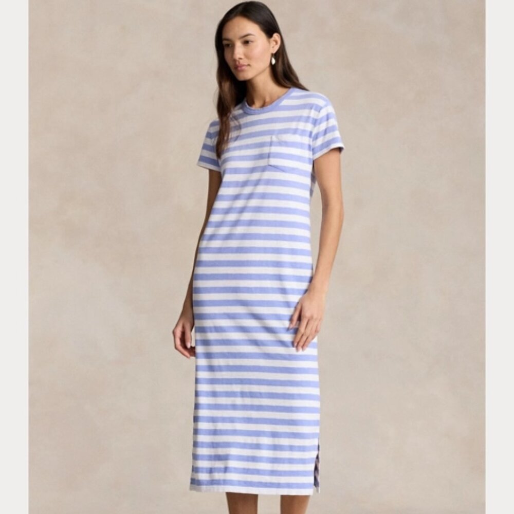 Polo Ralph Lauren, blue/white Striped Cotton Crewneck Pocket Tee Dress, size XXS